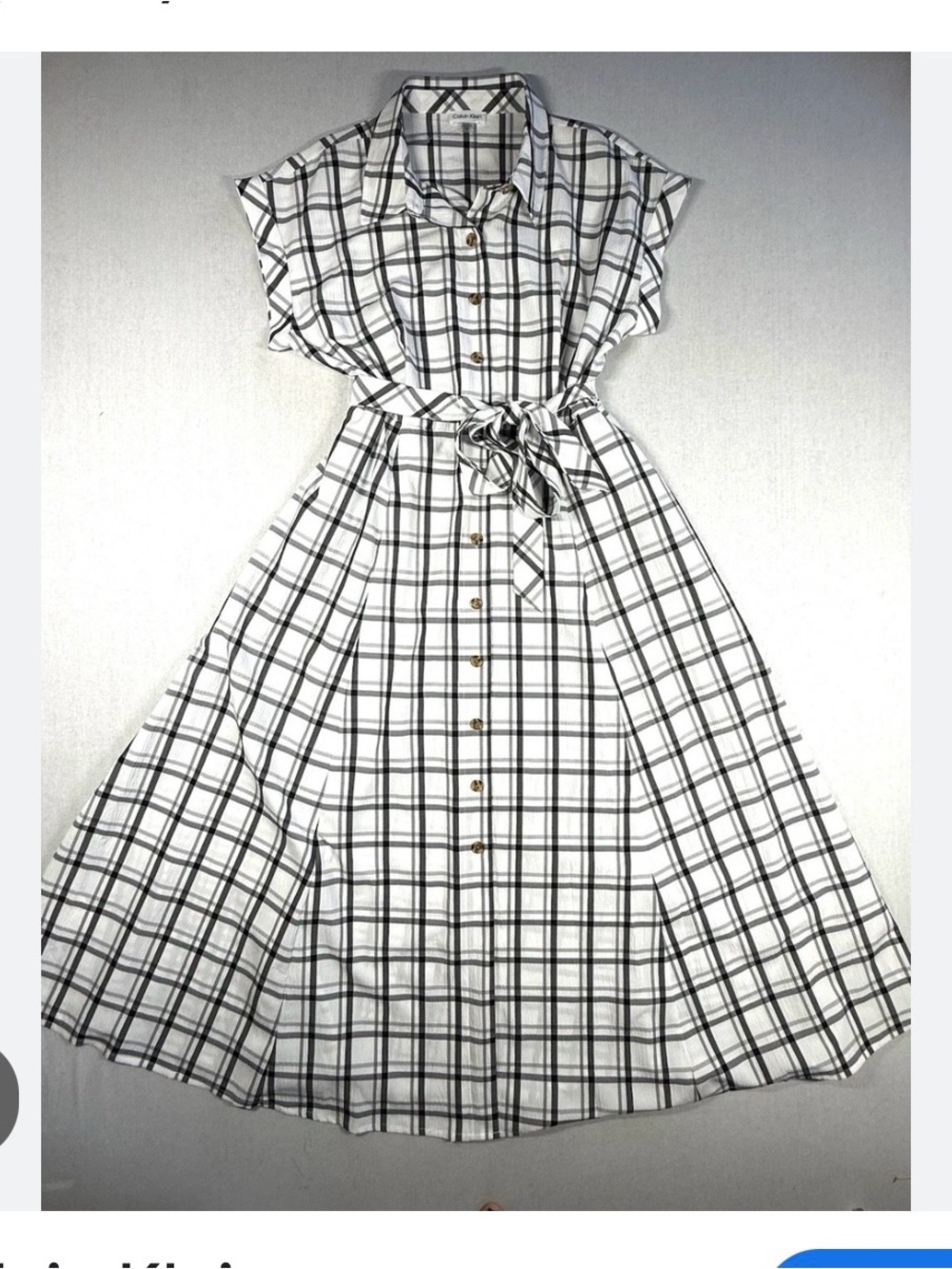 Calvin Klein sz 2 Black Plaid Shirt Dress Tie Waist maxi midi fit flare academia